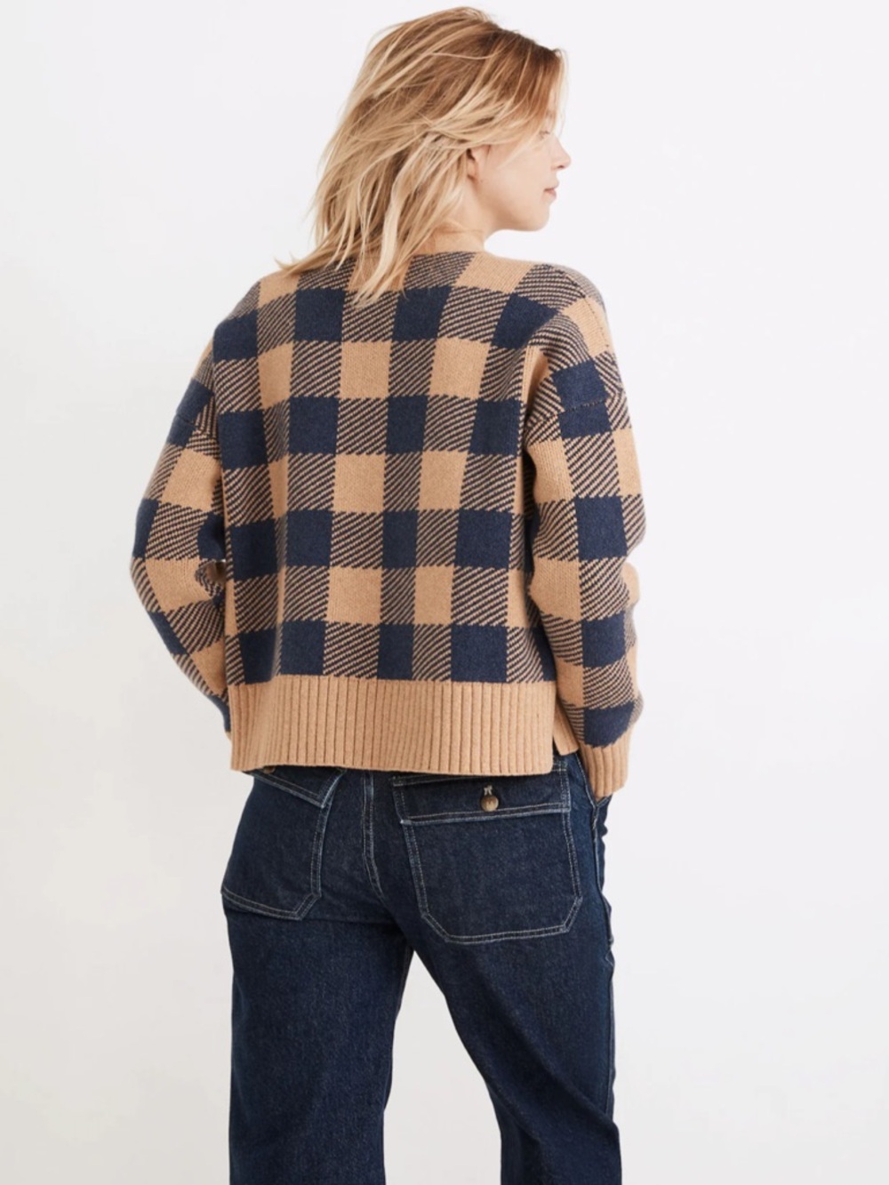 Madewell Bayberry Button-Front Cardigan in Navy & Tan Buffalo Check Cabincore - Picture 3 of 13